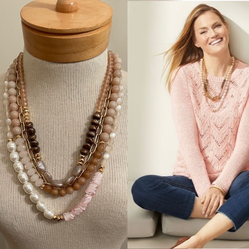 TALBOTS PINK SAFARI STATEMENT NECKLACE Elegant Multi-Strand Beaded Necklace